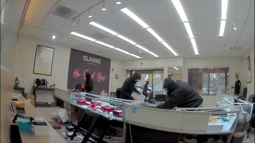 Video shows masked robbers crash car through jewelry store entrance, steal owner's gun in brazen heist