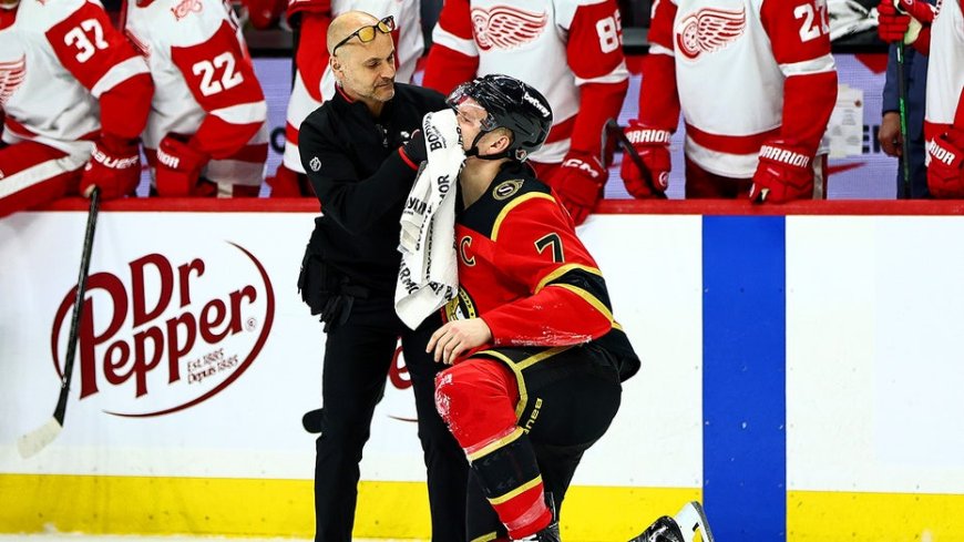 Team USA star Brady Tkachuk bloodied after hit, receives game misconduct in NHL return