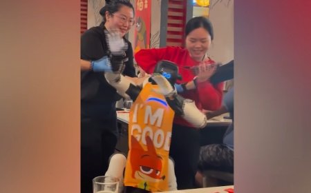 Video shows dancing robot at California hot pot restaurant smashing into table