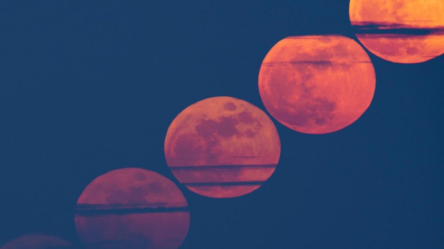 The March full moon glows red through Saharan dust in eerie composite view