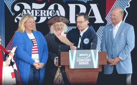 WATCH: America250 backdrop topples near Shapiro, Revolutionary War reenactors