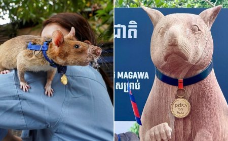Seven-foot statue unveiled honoring Magawa, award-winning rat who found more than 100 landmines in Cambodia