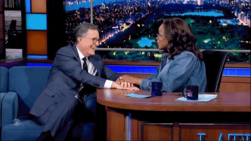 Oprah and Stephen Colbert swap seats in emotional moment as 'Late Show' cancellation looms large