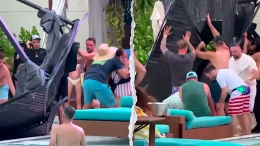 Terrifying scene unfolds as metal cabana frame crashes into packed casino pool area