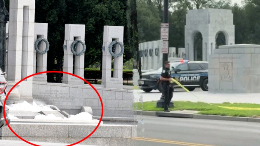 World War II Memorial on National Mall vandalized with pink spray paint; fountain overflowing with bubbles