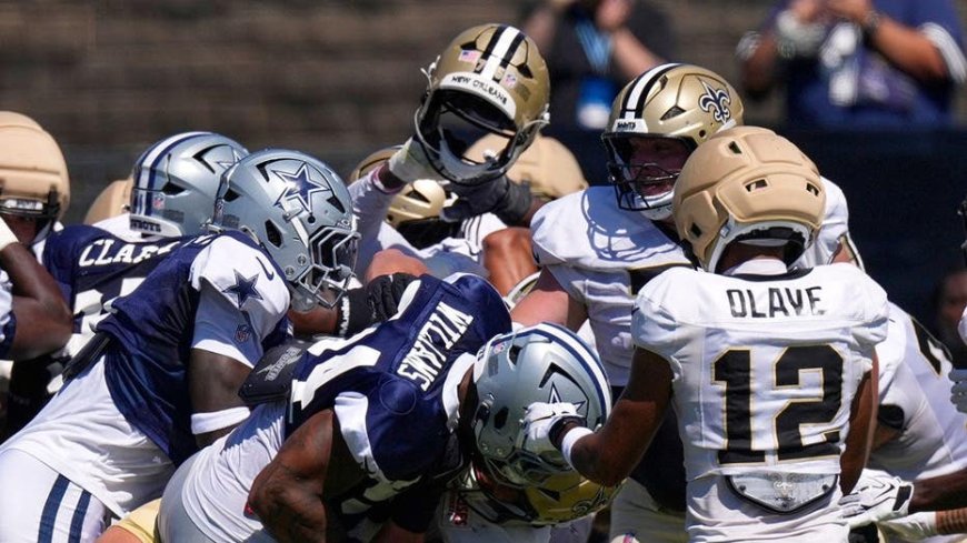 A massive brawl at Cowboys and Saints joint practice includes punches and helmets thrown and WWE moves